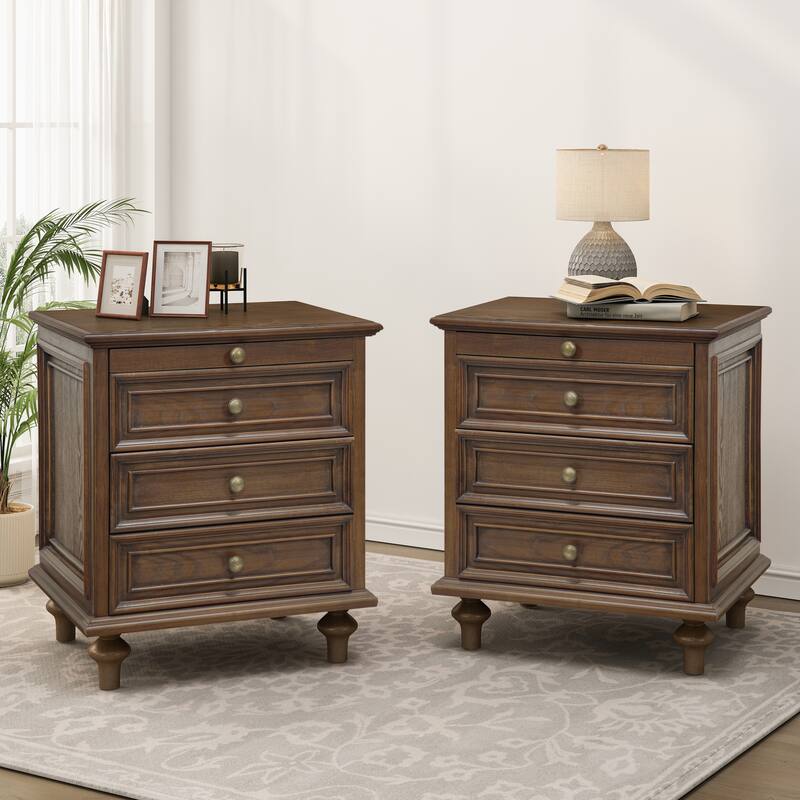 Nightstands Set of 2 with 4 Drawer,Wood Storage End Table with Hidden Pull-Out Shelf, 4 Solid Wood Feet and Metal Handle - Walnut Brown