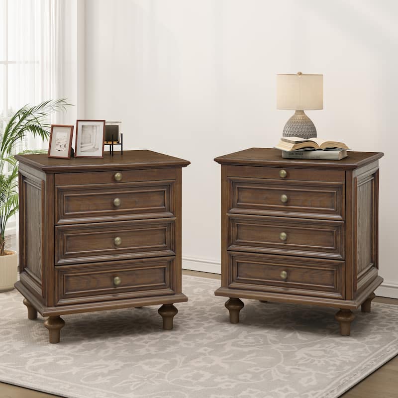 Nightstands with Drawers & Hidden Pull-Out Shelf & Metal Handle - Walnut Brown(Set of 2)