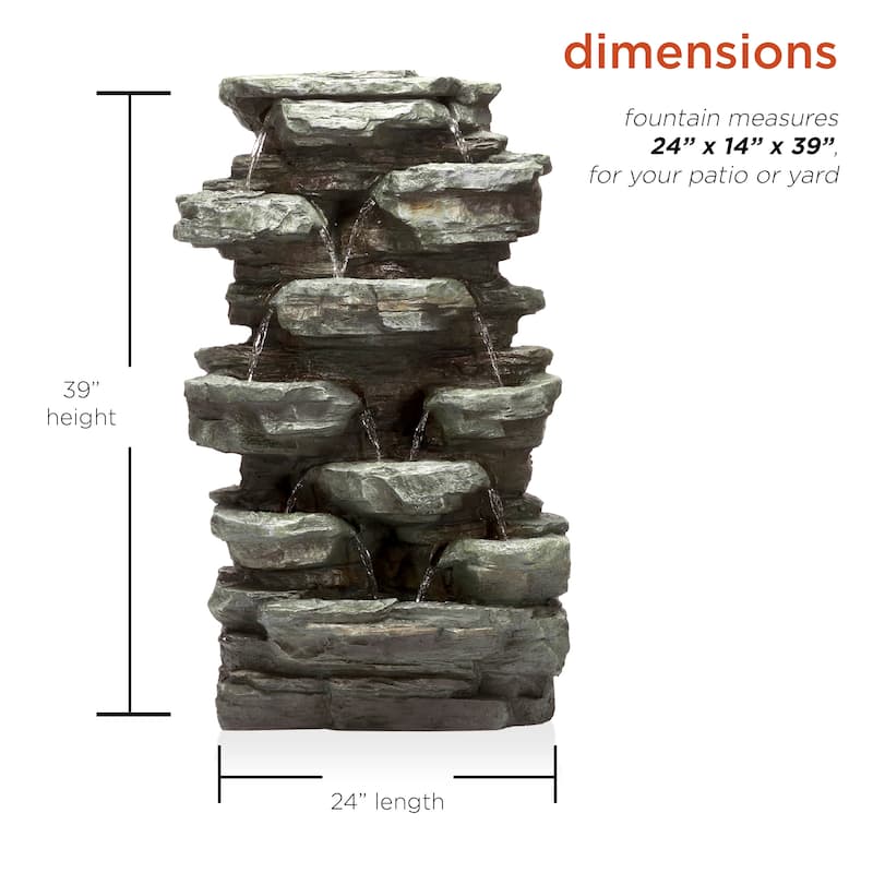 Alpine Corporation WIN930 Outdoor Floor Multi-Tiered Cascading Rock Garden Water Fountain with LED Lights, 39", Green
