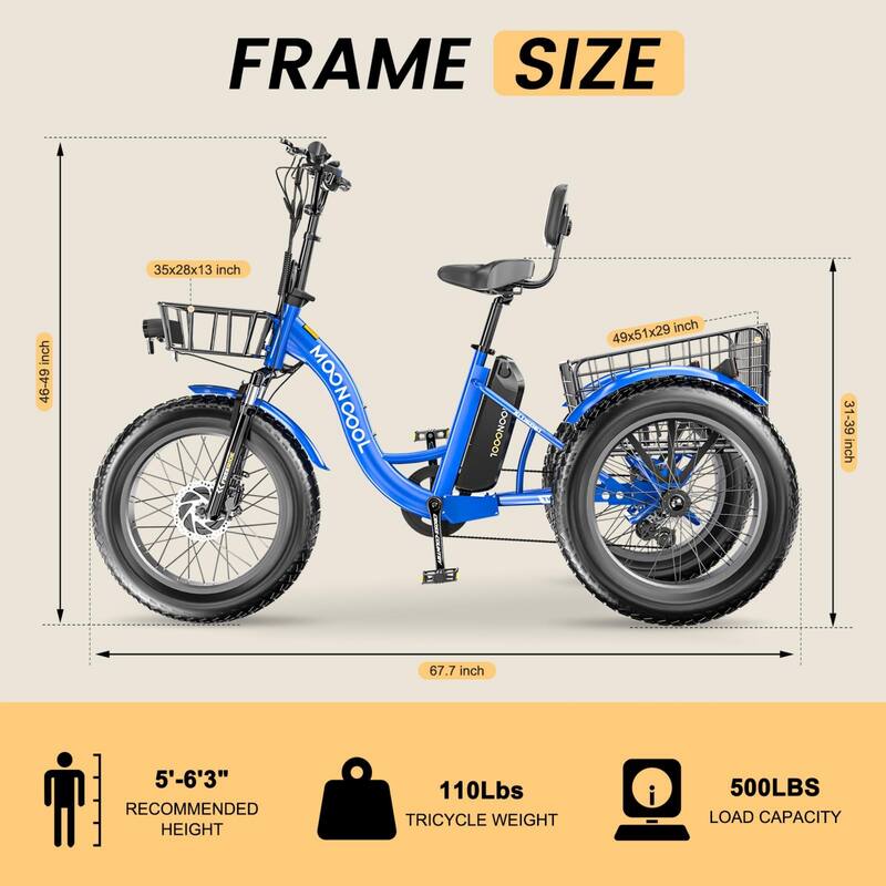 DoCred 20"x4" Fat Tire Electric Tricycle, 48V 500W with 7 Speed Ebike