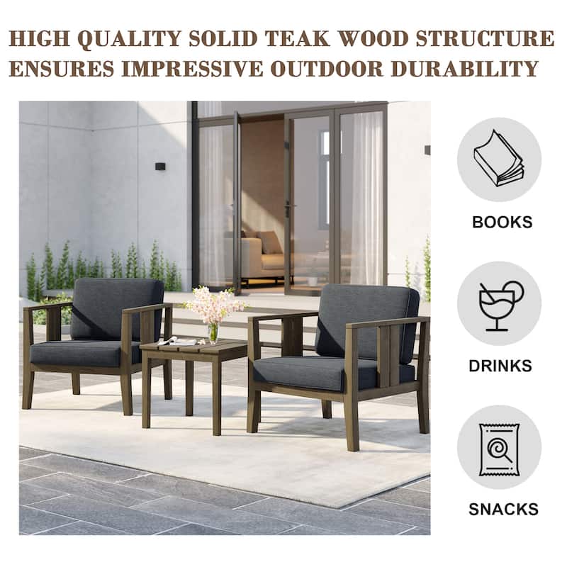 Uixe 3-piece Teak Solid Wood Outdoor Arm Chairs with Side Table Set