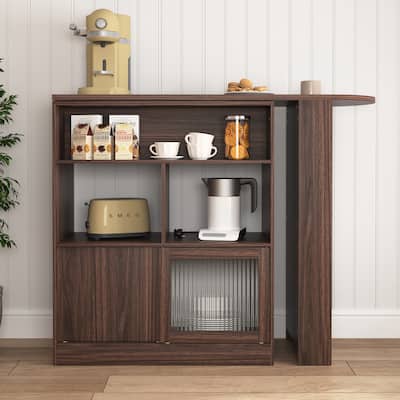 Walnut 3 Storage Shelves Rotating Top Modern Bar Cabinet with 6 Storage space and 2 Ribbed Glass Door