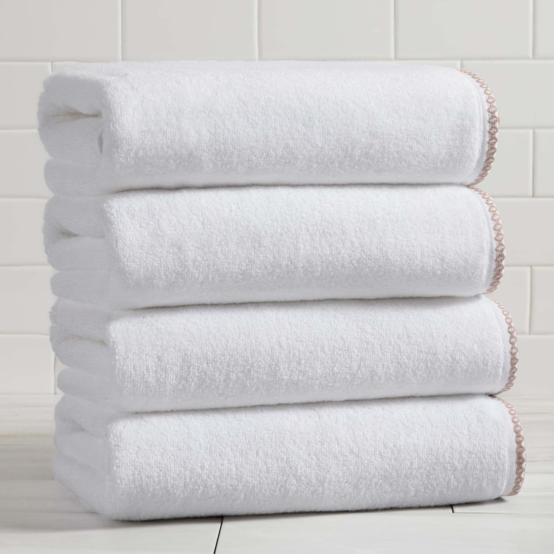 Linery & Co. Quick-Dry Cotton and Decorative Border Towel Set - Bath Towel (Pack of 4) - White / Rosewood