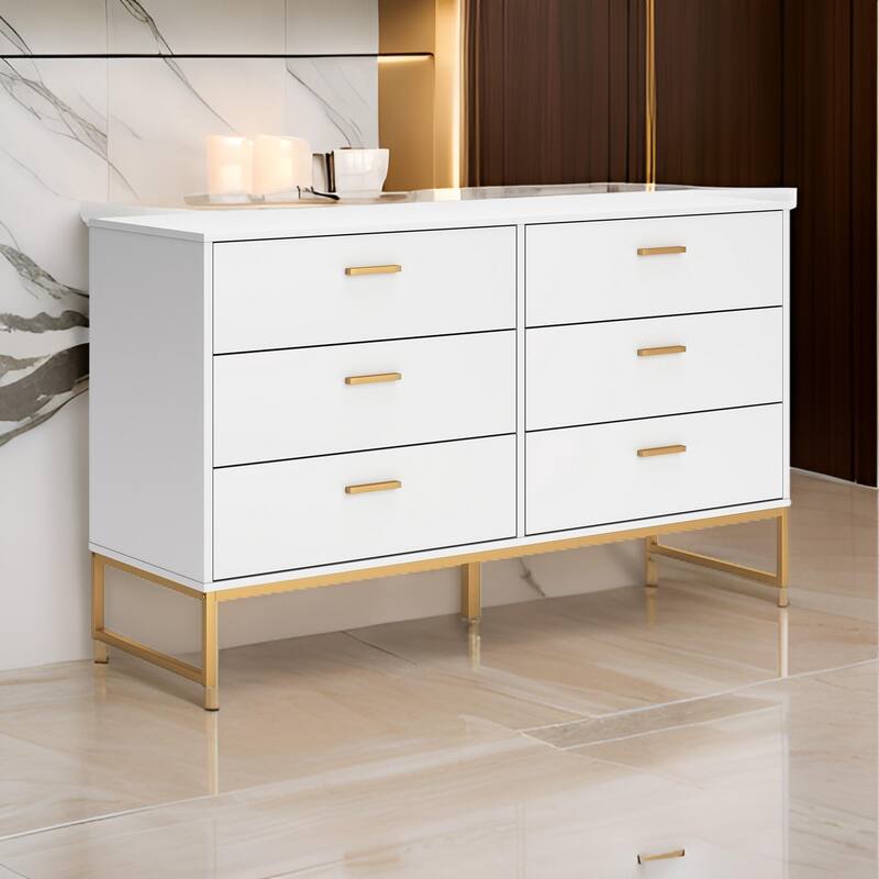 Alli Wide Dresser, 6 Drawers, Matte White Wood, Gold Metal, 59 Inch