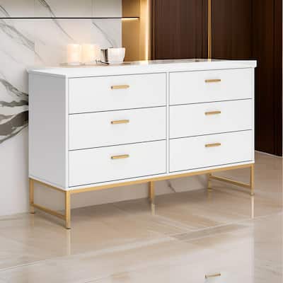 Alli Wide Dresser, 6 Drawers, Matte White Wood, Gold Metal, 59 Inch