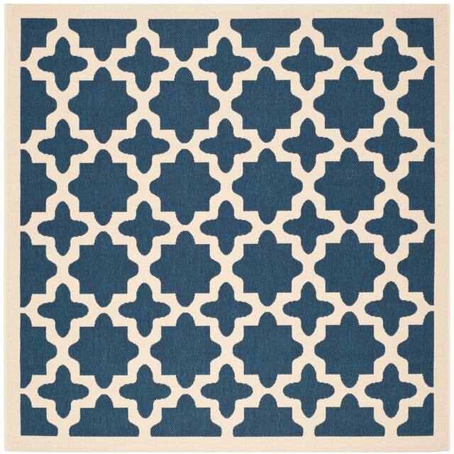 SAFAVIEH Courtyard Dorthey Indoor/ Outdoor Patio Backyard Rug - 6'7" x 6'7" Square - Navy/Beige