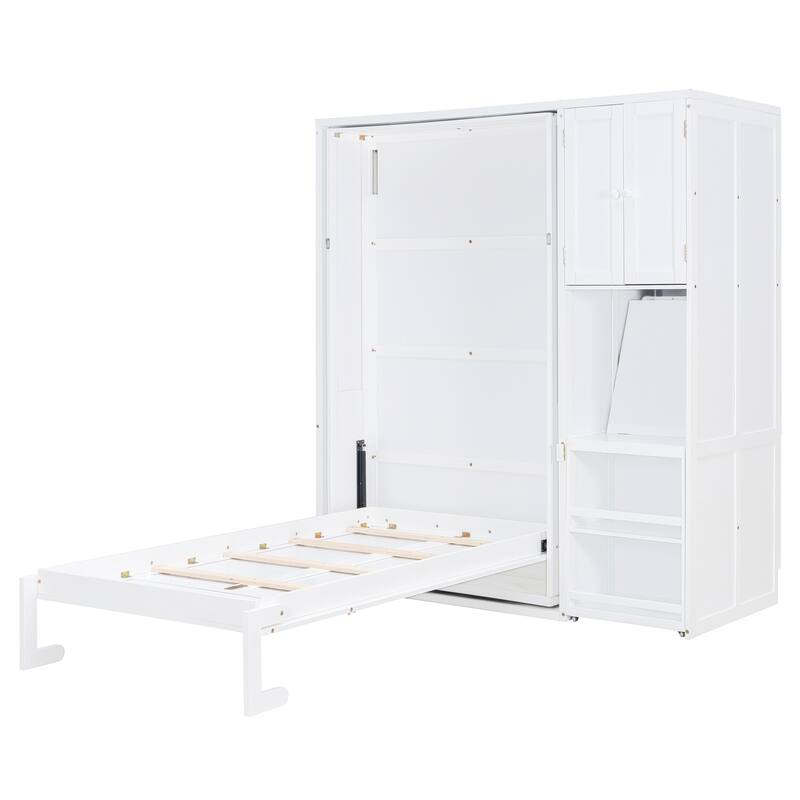 Twin Size Rotating Murphy Wall Bed with Bookshelf, Top Cabinet, Modern Foldable Cabinet Bed with Extendable Desk, Side Storage