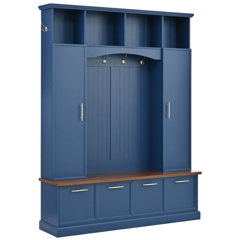 59" Farmhouse Hall Tree - 4-in-1 Entryway Bench with Golden Hooks, Adjustable Shelves & Shoe Storage