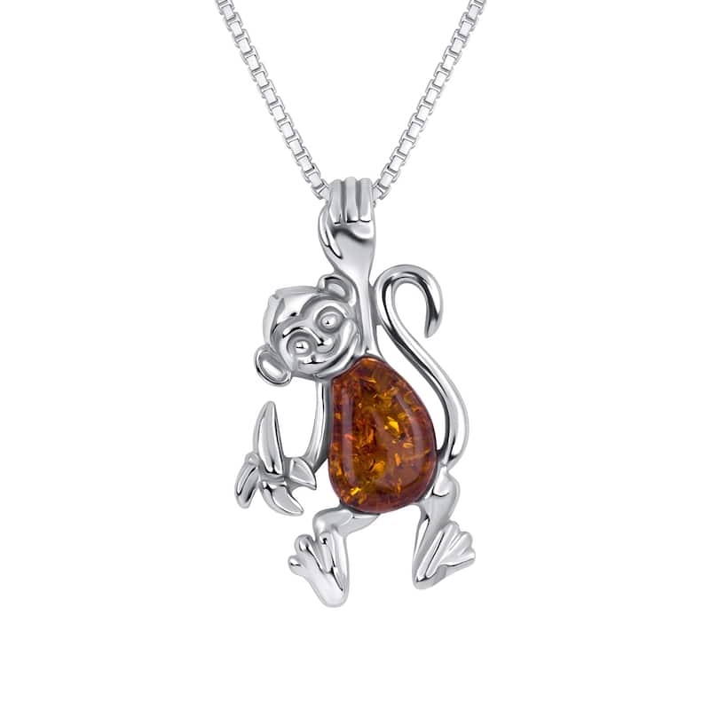 Baltic Amber Monkey Pendant Necklace 0. Sterling Silver