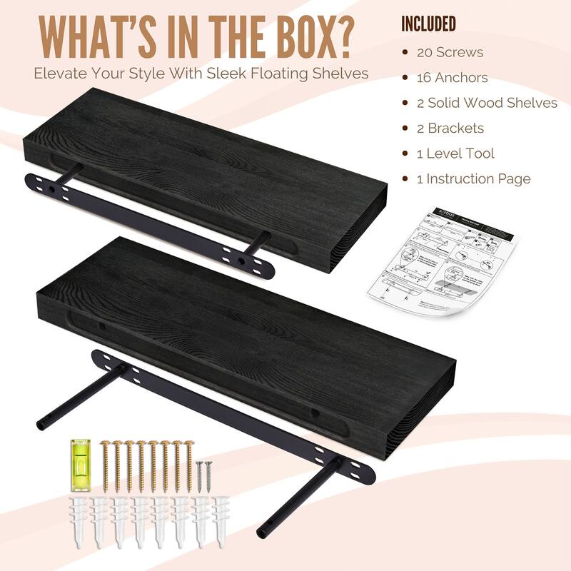 Solid Wood Floating Shelves for Wall, Set of 2 Wooden Wall-Mounted Shelves - 9” L X 24" W X 1.2” H