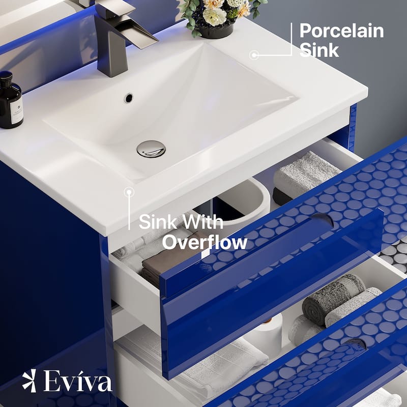 Eviva Joy 32"W Blue Freestanding Bath Vanity with Porcelain Top