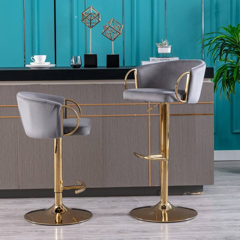 Set of 2 Adjustable Swivel Bar Stools, Grey Velvet with Chrome Footrest & Gold Legs