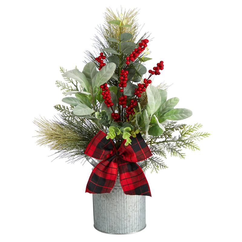 20" Holiday Winter Greenery, Pinecone and Berries with Buffalo Plaid Bow Artificial Christmas Table Arrangement - 20