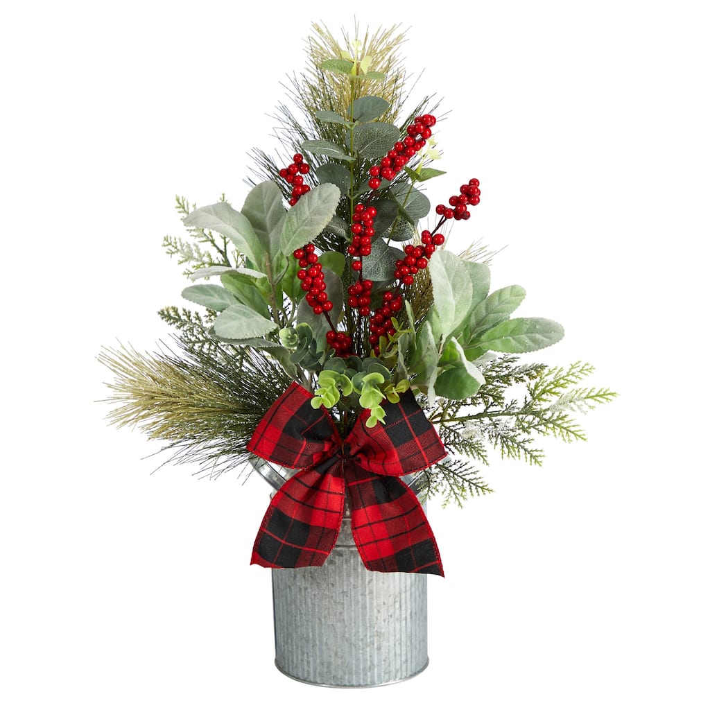 20" Holiday Winter Greenery, Pinecone and Berries with Buffalo Plaid Bow Artificial Christmas Table Arrangement - 20