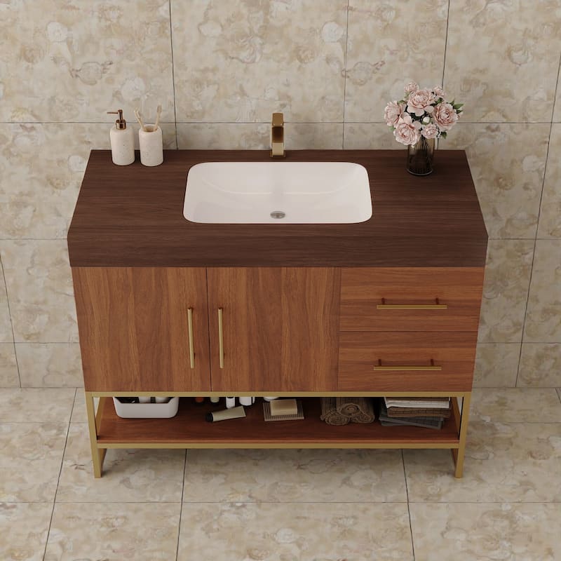 36 Inch Modern Bathroom Vanity with Seamless Ceramic Sink, Freestanding Cabinet with Gold Accents and Storage