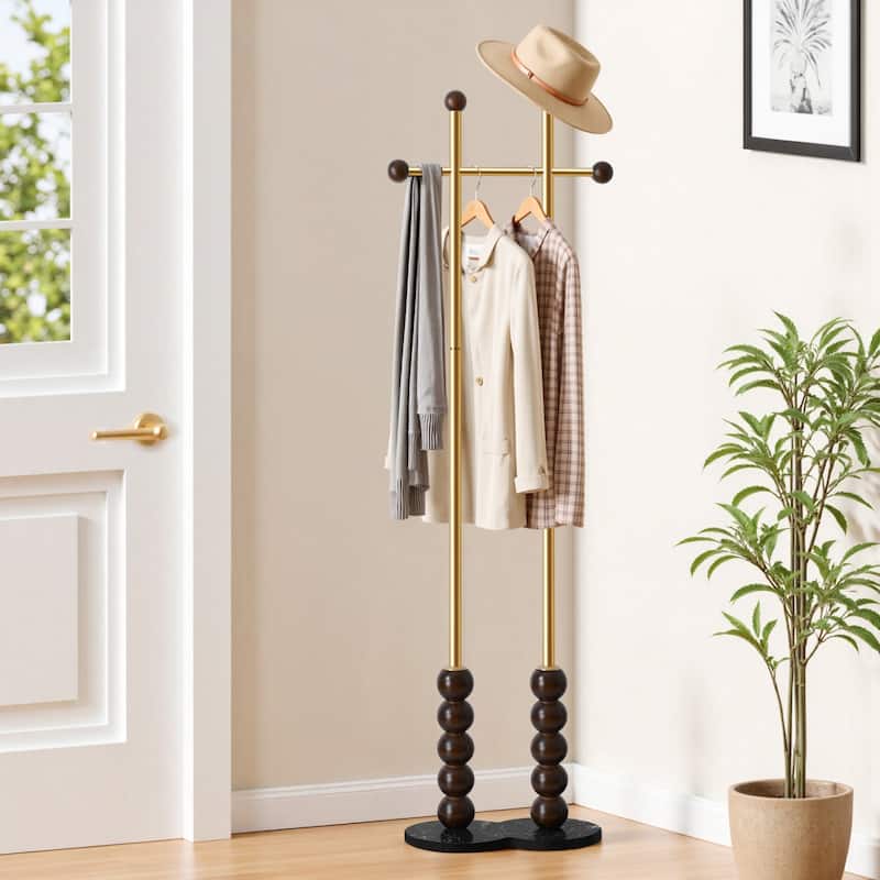 Metal Freestanding Coat Rack with Heavy Duty Marble Base - 70"H x 19.7"W (top) × 17.7"(base) x 9.8"D - Gold