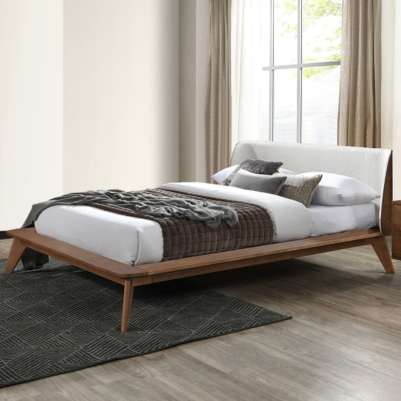 Boucle Upholstered Eastern King Bed with Tapered Angled Legs in Walnut