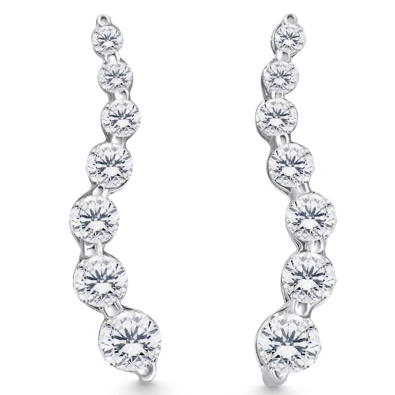 1Ct Natural Diamond Journey Earrings 7-Stone Gold 1" Tall Screw Back Studs