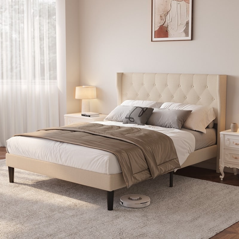 Modern Upholstered Platform Bed Frame, Velvet Bed Frame with Wingback Headboard