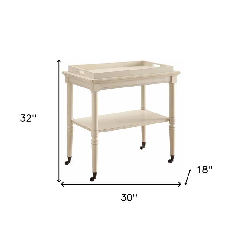 HomeRoots 30" Antiqued White Wood Rolling Bar Cart - 30" W x 18" D x 32" H
