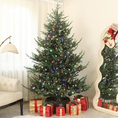 7.5ft Artificial Nordic Pine Christmas Tree with 300 LED Lights and 11 Light Modes, Xmas Tree with Wide Base for Holiday Party