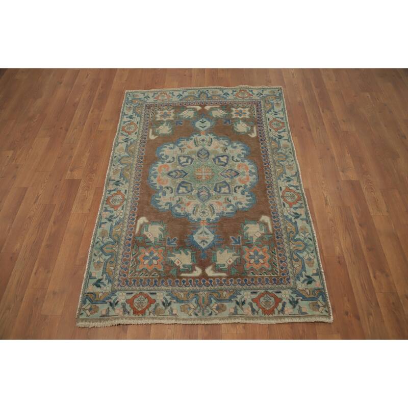 Hand Knotted Oriental 100% Wool Carpet Traditional Medallion Brown Tabriz Area Rug - 4' 7'' X 3' 0''