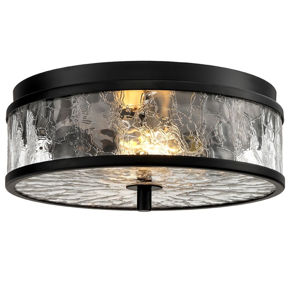 2-Light Farmhouse Drum Flush Mount Ceiling Light Crackled Glass Shade - 12 inch