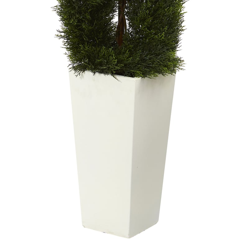 5.5ft Double Pond Cypress Spiral Artificial Tree in White Tower Planter with UV Resistant Greenery for Indoor or Patio
