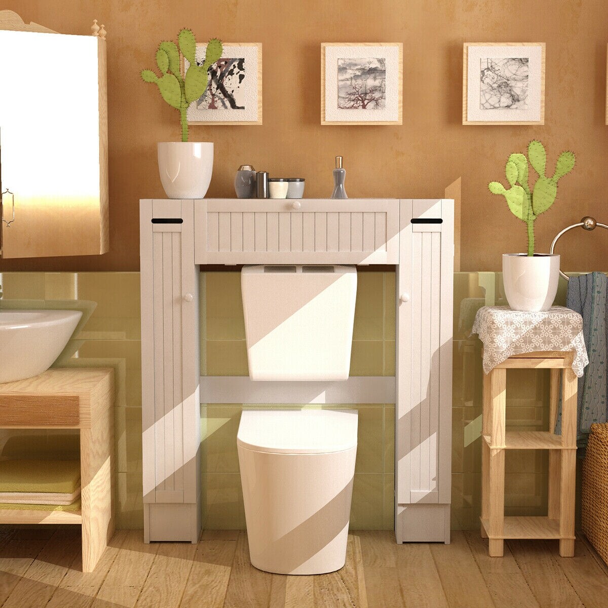 Over The Toilet Storage Cabinet Drop Door Spacesaver Bathroom Wooden White
