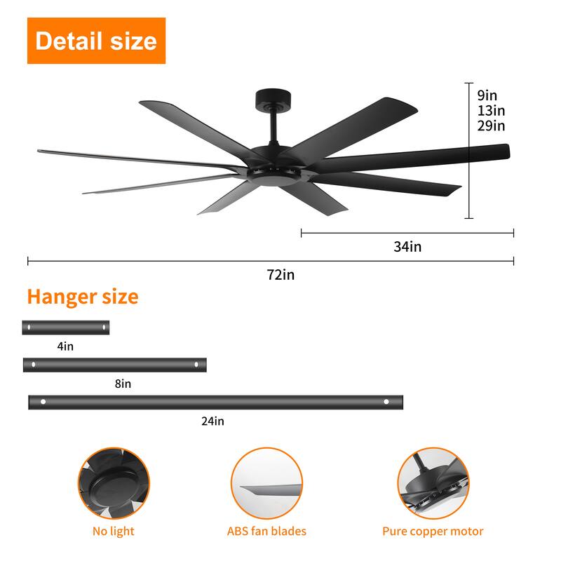 Modern Ceiling Fans without Lights, 72 Inch Ceiling Fan with Remote Control and 8 Reversible Blade, Quiet DC Motor