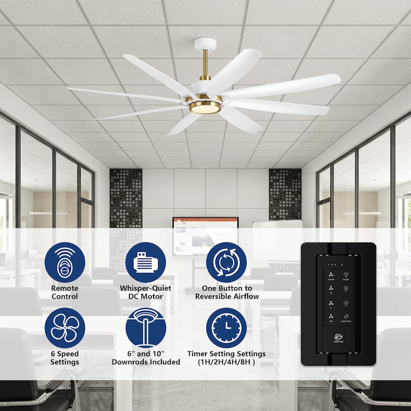 72" White Modern ABS 8-Blade DC Motor Ceiling Fan with Dimmable LED Light and Remote