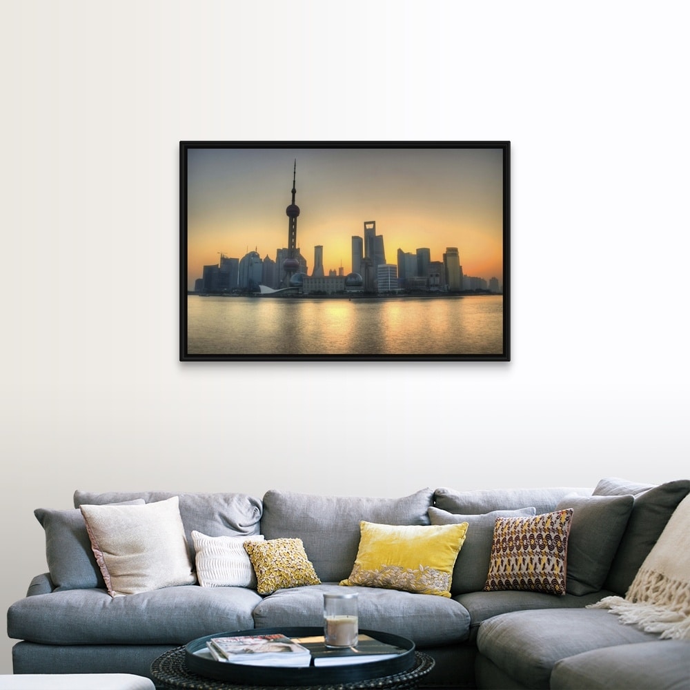 Skyline In Shanghai And Bund Which Is Across Huangpu River From Pudong Black Float Frame Canvas Art Overstock 25496170