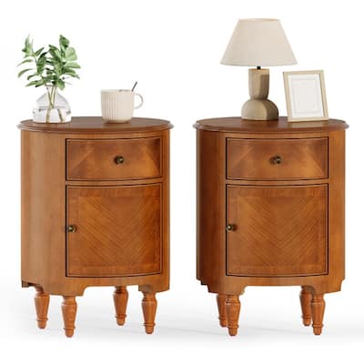 Solid Wood End Table, Vintage Round Side Table Cabinet with Drawer