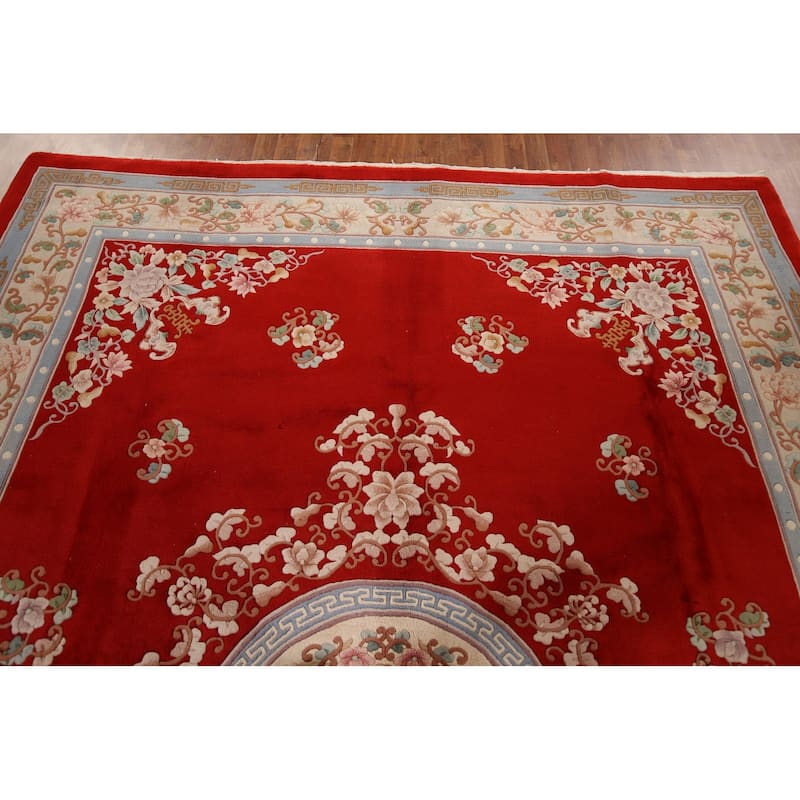 Red Art-Deco Chinese Vintage Area Rug Handmade Wool Carpet - 9'0" x 12'0"
