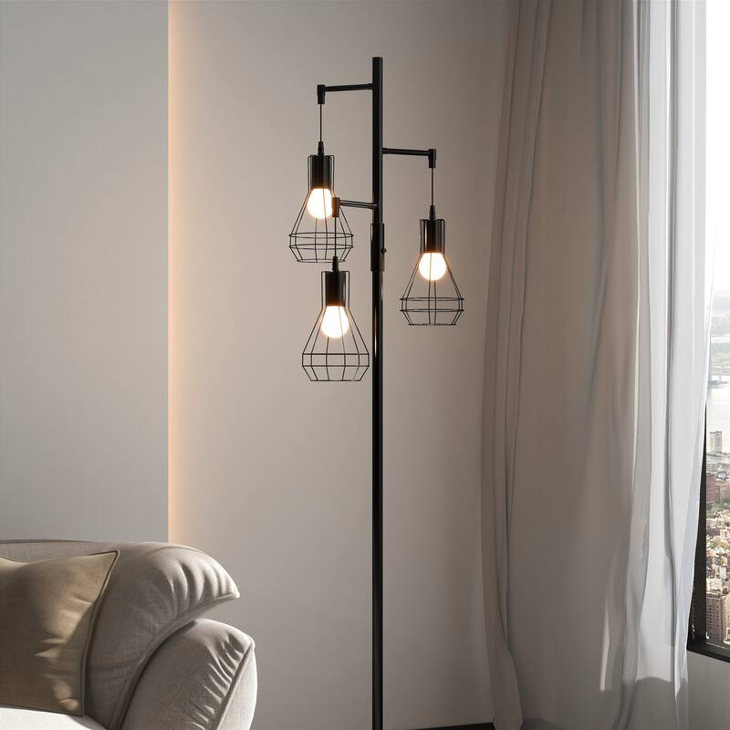 Industrial 3-Light Metal Tree Floor Lamp With Round Shades