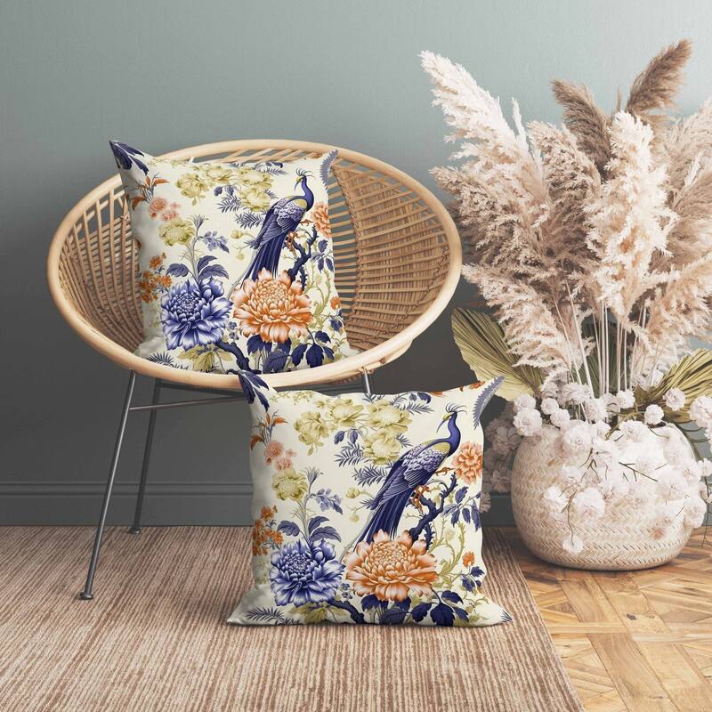 Peacock Panache Indoor/Outdoor Reversible Throw Pillow Blue and Orange