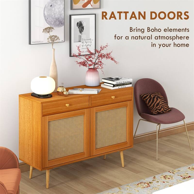 Storage Cabinet with 2 Drawers, Rattan Doors and Wooden Legs