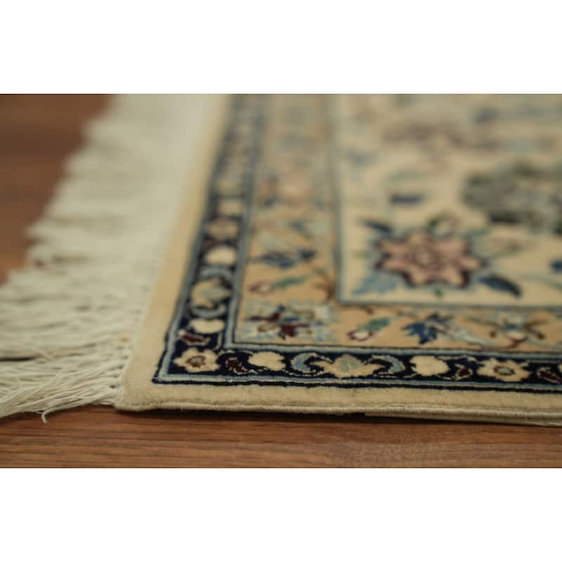 Hand Knotted Oriental Wool & Silk Carpet Traditional All-Over Navy Blue & Blues Nain Area Rug - 8' 3'' X 6' 7''