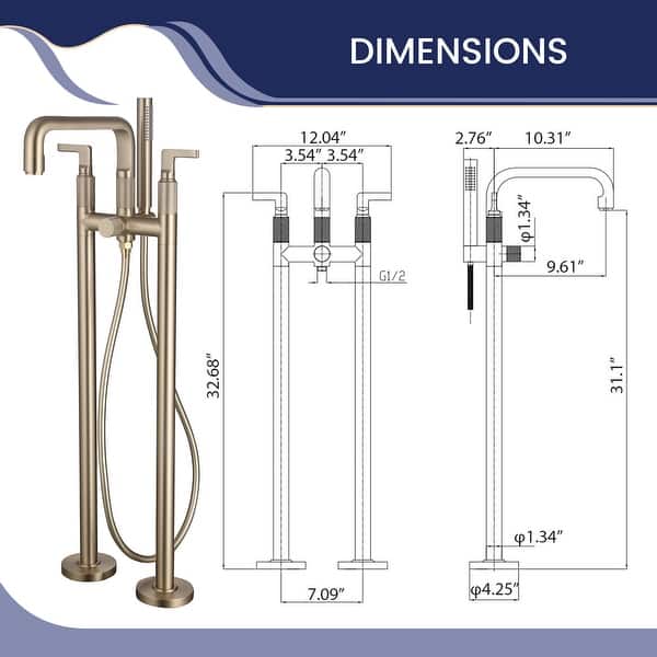 dimension image slide 2 of 4, 33" H Solid Brass Floor Mounted Freestanding Tub Faucet with Hand Shower and Diverter
