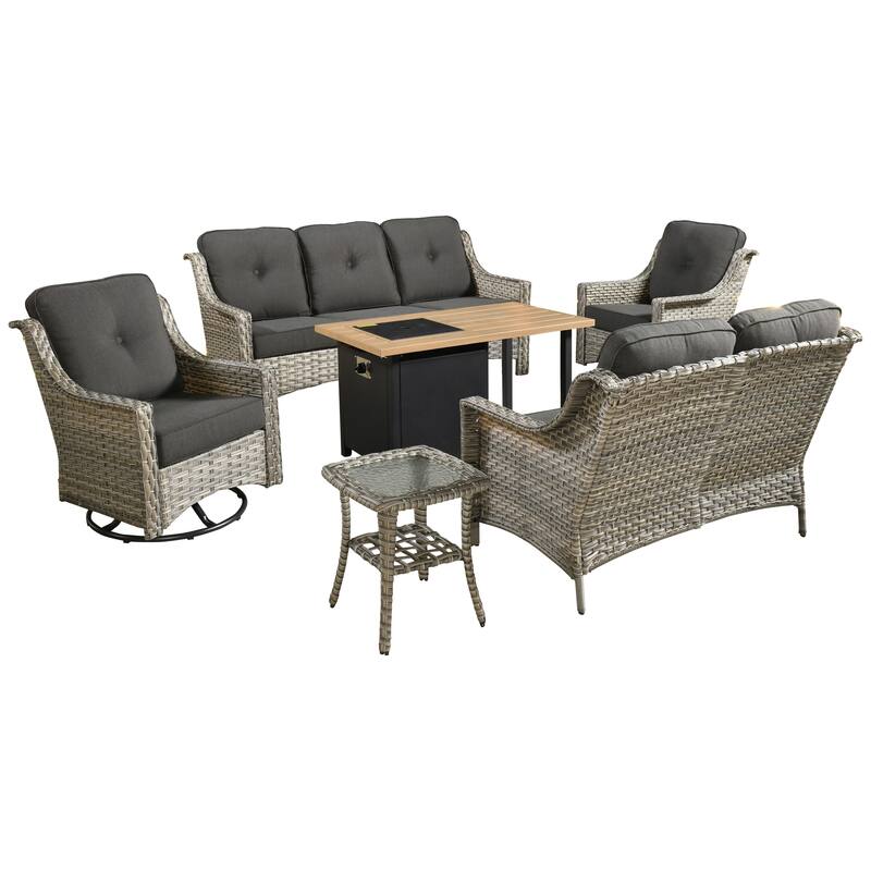 HOOOWOOO 6-piece Wicker Outdoor Conversation Set Swivel Chairs with Fire Pit