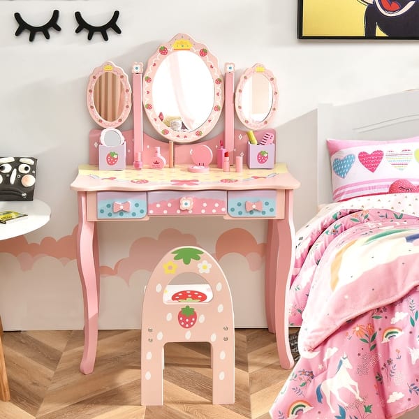 slide 2 of 11, Costway Kids Vanity Princess Makeup Dressing Table Chair Set w/ Pink+White