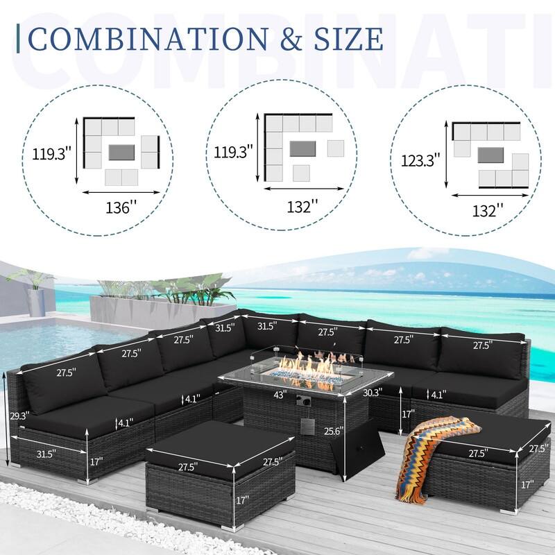 FINCATI 10-piece High Back Oversized Patio Furniture Conversation Set Outdoor Sectional Sofa with Fire Pit Table