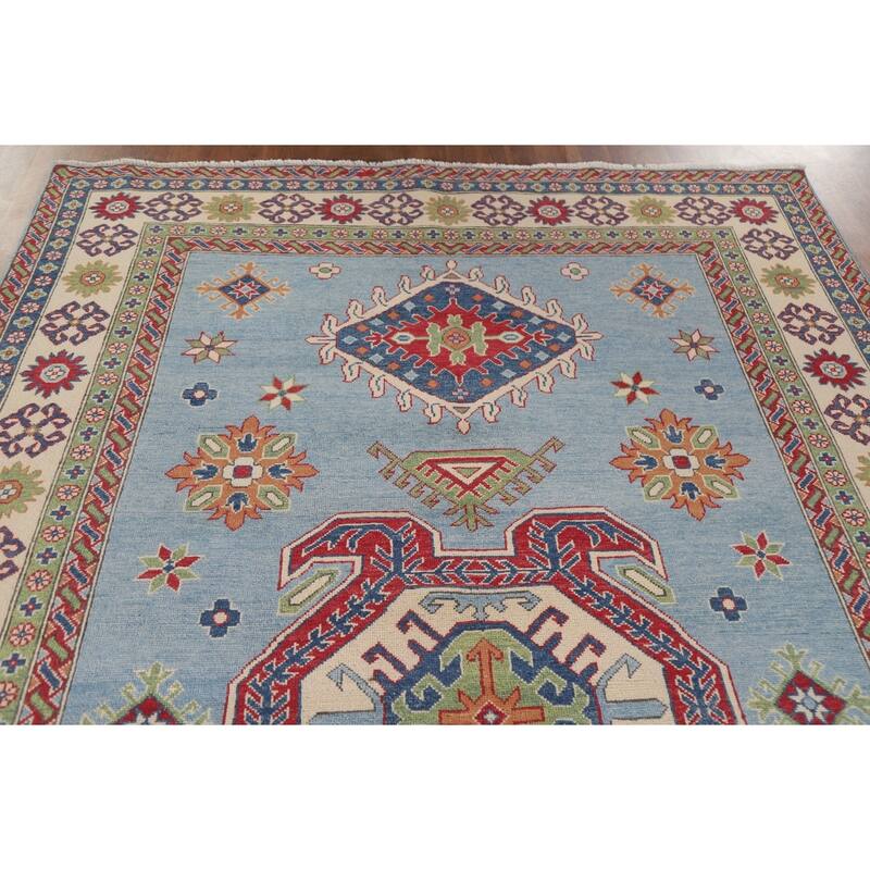 Hand Knotted Oriental 100% Wool Carpet Traditional Geometric Navy Blue & Blues Kazak Area Rug - 9' 8'' X 6' 6''