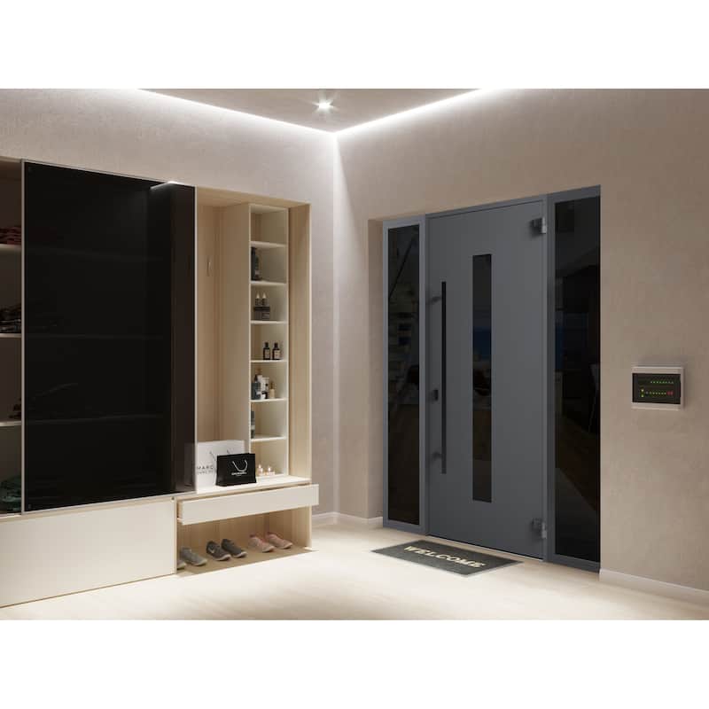 Front Prehung Steel Door Ronex 1011 Grey Side and Top Window Sidelite Stainless Inserts W36+12xH80+16 Lh I