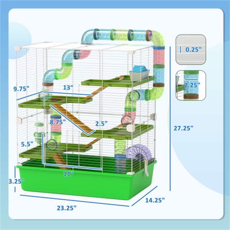 Green-White Steel Hamster Cage with 5 Tiers, Tubes and Accessories - 23.25" L x 14.25" W x 27.25" H