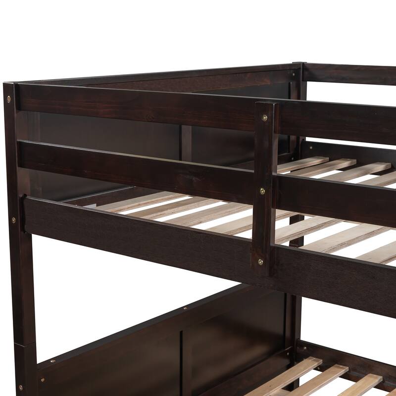 Convertible Wood Full Size Bunk Bed with Trundle & Ladder, Solid Wood Detachable Bunkbeds Frame for 3 Kids, Full Over Full Size