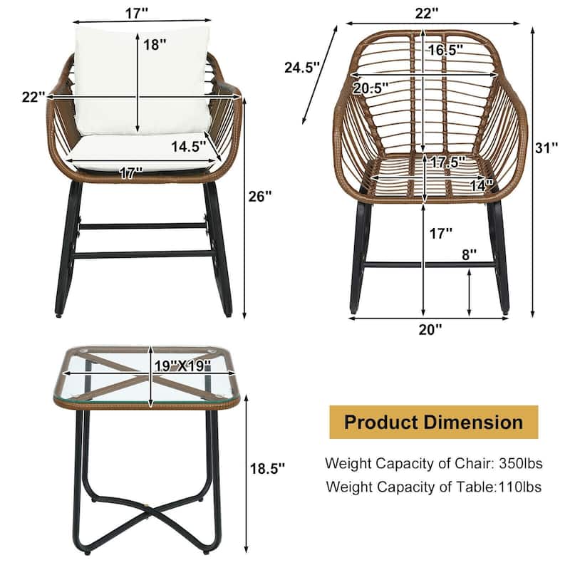 3 Pieces Patio Rattan Bistro Set Cushioned Chair Glass Table Deck - 22'' x 24.5'' x 31'' (L x W x H)