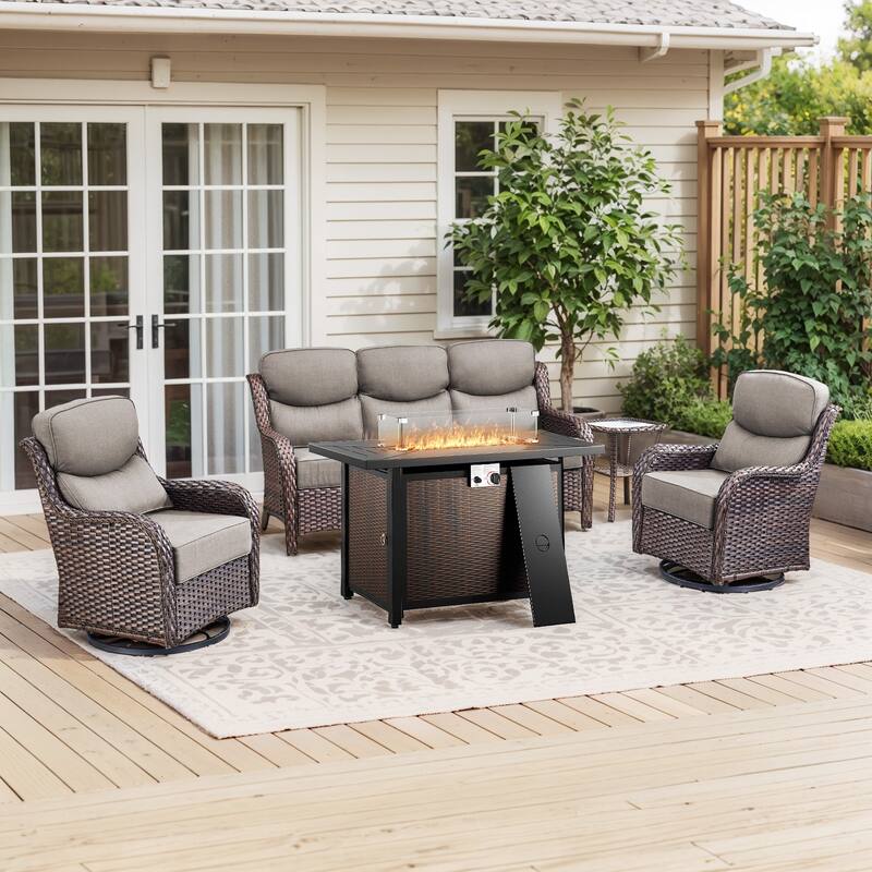 Pocassy Patio Sofa Swivel Chairs w/ 43in Fire Pit Table Set - Gray Cushion Brown Wicker - 5-Piece Sofa Siwvel Chair Table w/ Fire Pit Table