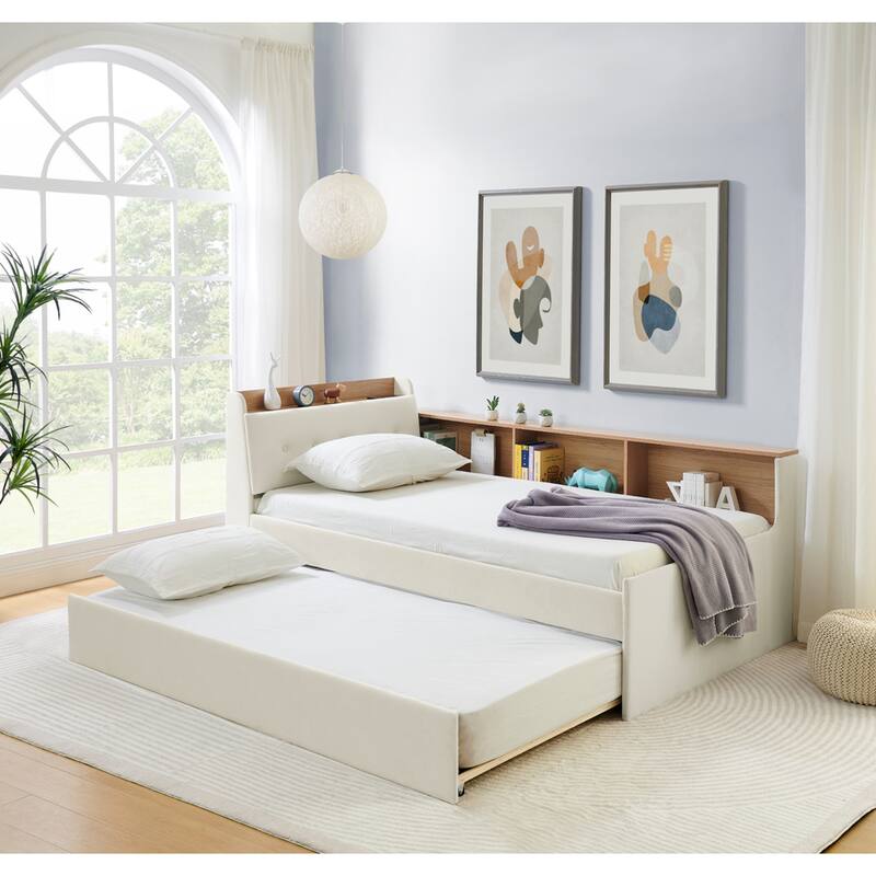 Roomfitters Twin Velvet Height Adjustable Day Bed with Storage Headboard, Wireless Charging and Trundle