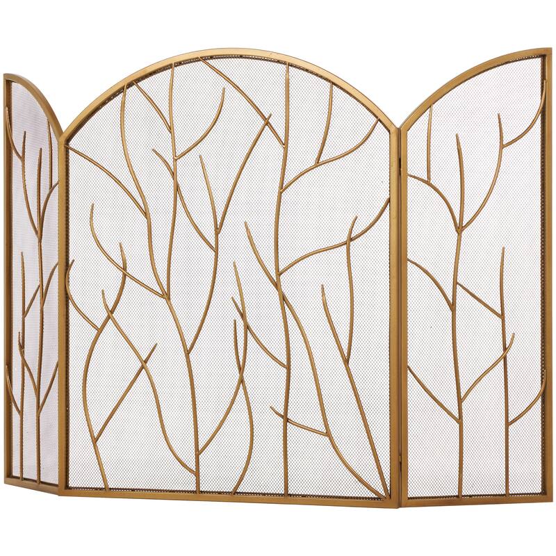 Metal Tree Branch Single Panel Fireplace Screen with Mesh Netting - Brass or Gold - Roche River Decor